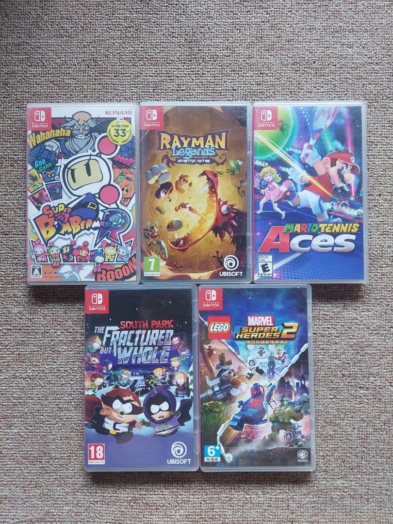 Nintendo Switch Games for Sale (Category: Nintendo) located in Antipolo. Submitted by alaljr (Listing ID 1447927152, Image 1). Description: Nintendo Switch Games for sale! Comes with case and in good condition. Super Bomberman R - SOLD Rayman Legends Definitive Edition - 1100 Mario Tennis Aces - 1900 South Park - 1500 LEGO Marvel Super Heroes 2 - 1100 5,200 take all Discount if 2 or more games bibilhin :).