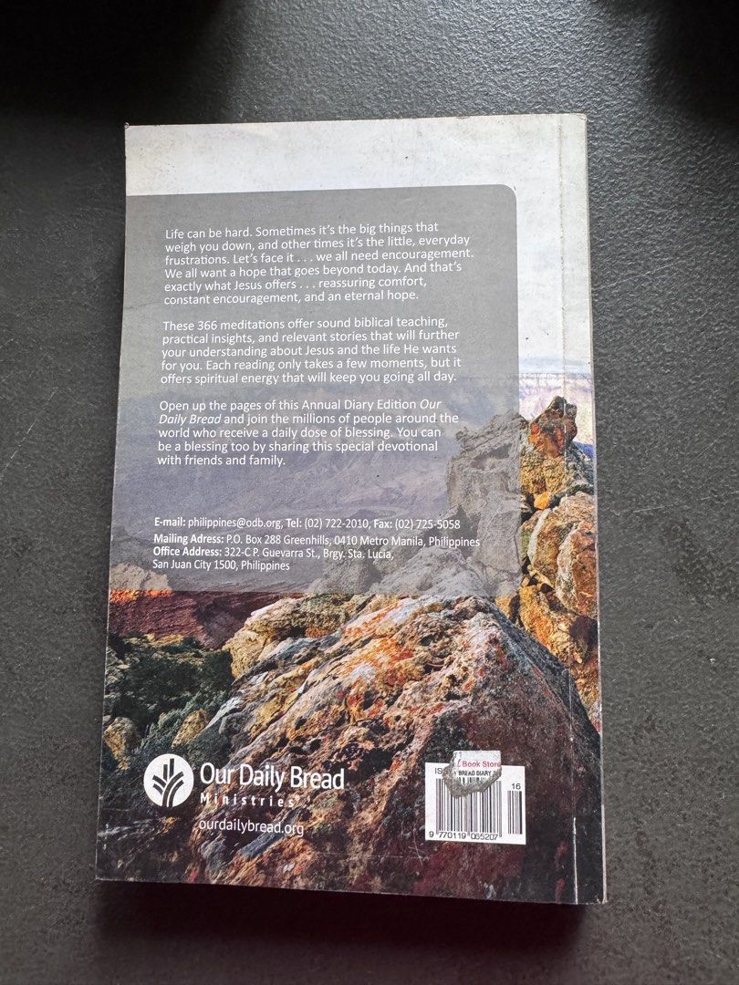 Our Daily Bread Diary Edition 2016 Devotional Book (Category: Religion Books) located in Quezon City. Submitted by happyreader (Listing ID 1447930514, Image 2). Description: Used, No writings - Our Daily Bread Diary Edition 2016 - 366 daily meditations - Features biblical teaching and practical insights - Designed for encouragement and spiritual energy - Ideal for daily reflection and prayer - Includes space for personal application and prayer re