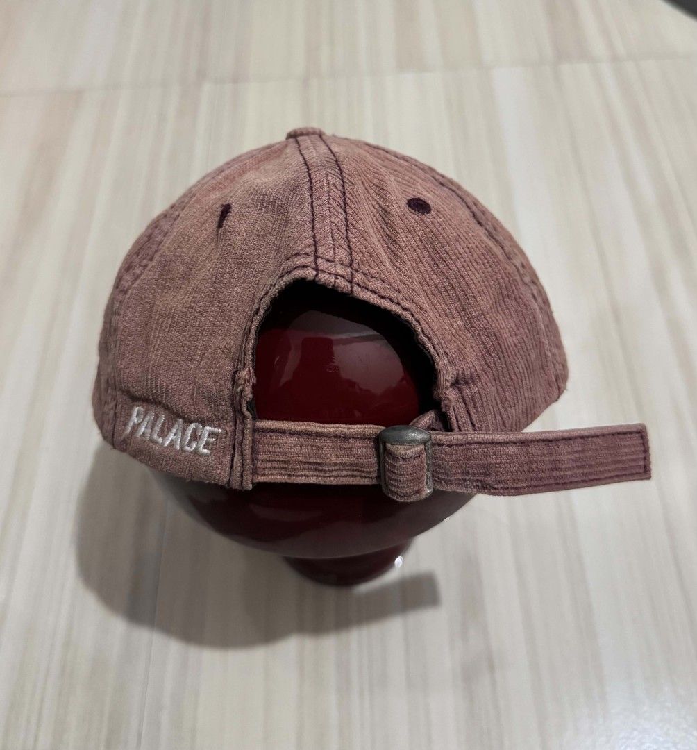 Palace Corduroy 'P' Logo Baseball Cap (Category: Caps & Hats) located in Manila. Submitted by kim.mercader (Listing ID 1447917956, Image 3). Description: Honest issue: - fabric tears sa brim apart -naging sunfaded washed ang overall look after washing (pwede sa maselan if vintage vibe trip mo) - may verdigris build up na sa strap buckle (removal naman) - Color: Maroon (original color) - Material: Corduroy - Features: Embroidered 'P' logo on front