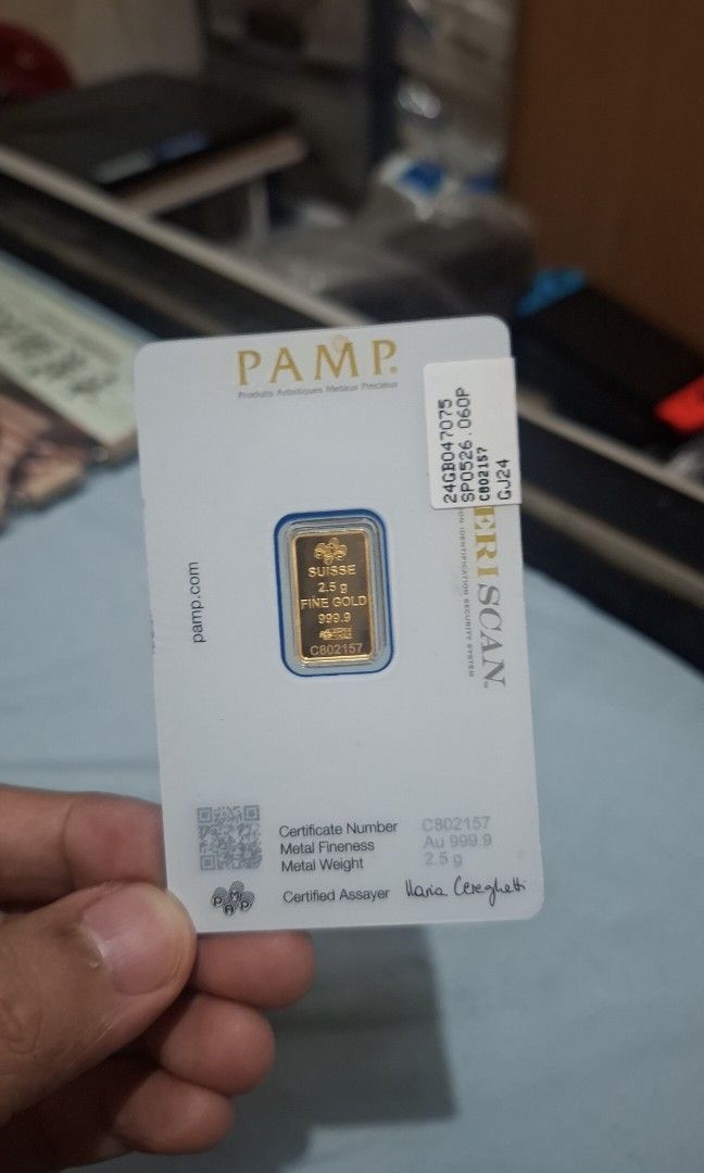 PAMP (Swiss Made) Gold Bars (Category: Everything Else Others) located in Las Pinas. Submitted by philip_aceron (Listing ID 1448001742, Image 3). Description: Available on Hand: 2.5 g 5 g Brand: MKS PAMP (Swiss-made and globally trusted) Purity: 99.99% Pure Gold (24K / 999.9 Fine Gold) Authenticity: Comes with a CertiPAMP assay card Security: Unique serial number for verification Packaging: Tamper-evident sealed packaging Recognition: Accepted an