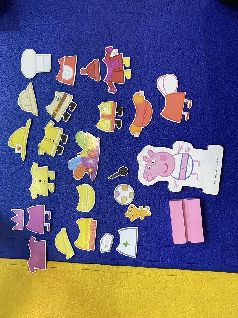 Peppa Pig Dress-Up Magnetic Pieces (Category: Kids Toys) located in Paranaque City. Submitted by zanarkandblitzace (Listing ID 1448043247, Image 1). Description: - Fun Peppa Pig magnetic dress-up pieces. - Mix and match various outfits for Peppa. - Includes hats, clothes, and accessories. - Comes with a stand for Peppa. - Perfect for imaginative play. - All pieces shown in the photos are included. Defects -missing pieces -some damage pieces.