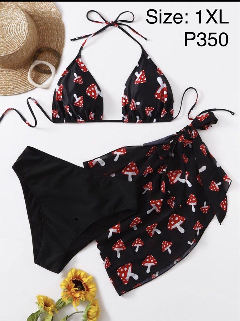 Plus Size Mushroom Print Bikini Set with Cover-up (Category: Bikinis & Swimsuits) located in Bacolod City. Submitted by ntshntn (Listing ID 1448030351, Image 1). Description: - Cute black bikini with fun mushroom print - Includes matching sheer cover-up - Size: 1XL - Top features adjustable halter straps - Cover-up is lightweight and sheer - Ideal for beach trips or pool days.