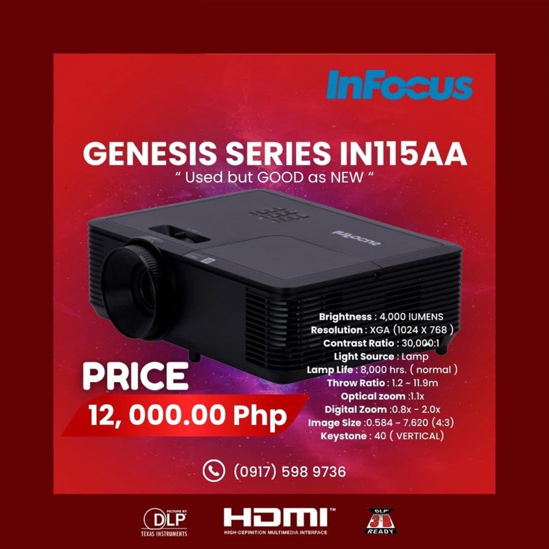 Projector (Genesis Series IN115AA) InFocus (Category: Projectors) located in Quezon City. Submitted by brightphoenix_37606b (Listing ID 1447925691, Image 1). Description: Brightness: 4,000 lUMENS Resolution: XGA (1024 X 768) Contrast Ratio: 30,000:1 Light Source: Lamp Lamp Life: 8,000 hrs. (normal) Throw Ratio: 1.2 ~ 11.9m optical zoom :1.1x Digital Zoom :0.8x - 2.0x Image Size :0.584 ~ 7.620 (4:3) Keystone: 40 (VERTICAL.