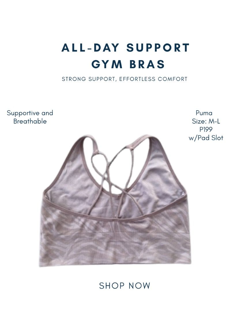 Puma Seamless Sports Bra (Category: Activewear) located in Digos. Submitted by grandeactive (Listing ID 1447903044, Image 3). Description: Move with confidence in this Puma Seamless Sports Bra, designed for all-day comfort and light support. The soft stretch fabric and feminine strappy back make it perfect for yoga, Pilates, gym sessions, or everyday wear. ✨ Details: Brand: Puma Size: M–L Color: Soft Blush / Taupe Zebra Print Seamless, stretchy f