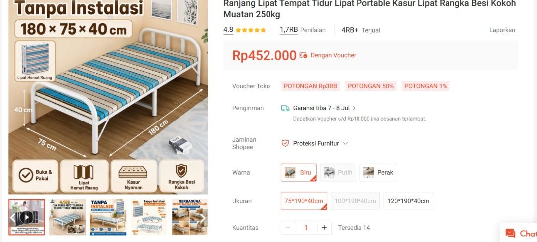 ranjang lipat/dipan lipat/tempat tidur portable rangka besi uk 180x73x39cm (Kategori: Perabotan Rumah) berada di Bekasi. Dikirim oleh elgufsifurniture (ID iklan 1447926061, Gambar 1). Deskripsi: ranjang lipat/dipan lipat/tempat tidur portable rangka besi uk 180x73x39cm Baru real pict minus cek foto terakhir cek langsung ke lokasi biar puas WA 0813-9824-0668 lokasi https://maps.app.goo.gl/hy712BGYVeU8Dhra7 .