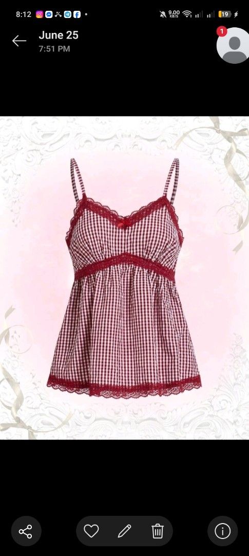 Red Gingham Lace Trim Camisole Top (Category: Sleeveless) located in Caloocan City. Submitted by uniuninuni (Listing ID 1448054819, Image 3). Description: - Cute red gingham camisole top - Features delicate lace trim on neckline and hem - Smocked back for a comfortable, flexible fit - Adjustable spaghetti straps for a personalized fit - Versatile styling: pairs perfectly with jeans or shorts - Ideal for casual outings or relaxing at home.