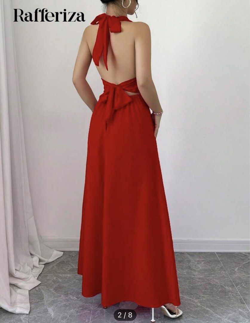 Red Halter Neck Maxi Dress with Slit (Category: Dresses) located in Manila. Submitted by janamia (Listing ID 1447956405, Image 2). Description: - Red maxi dress by Raffertiza - Halter neck with a deep V-neckline - Open back with adjustable tie detail - High slit on the side for a flattering silhouette - Ideal for parties, events, or a glamorous night out - Designed to make you look and feel amazing.