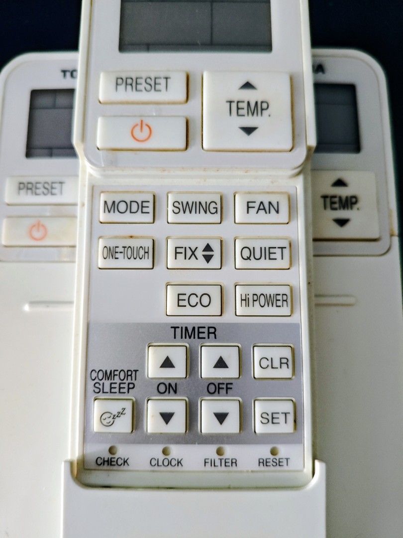 Remote Control (Category: Air Conditioners & Heating) located in Singapore. Submitted by bizarrecloset (Listing ID 1447949685, Image 3). Description: Set of 3 Toshiba aircon remote controls in working condition. Using 2x AAA batteries (not included). Good for spare or replacement units. ⭐Buy all 3 for $14 ⭐Self collection only.