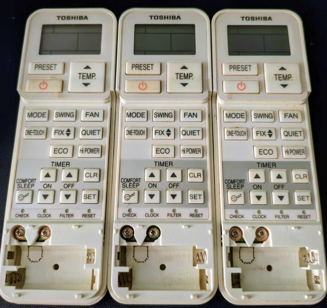 Remote Control (Category: Air Conditioners & Heating) located in Singapore. Submitted by bizarrecloset (Listing ID 1447949685, Image 2). Description: Set of 3 Toshiba aircon remote controls in working condition. Using 2x AAA batteries (not included). Good for spare or replacement units. ⭐Buy all 3 for $14 ⭐Self collection only.