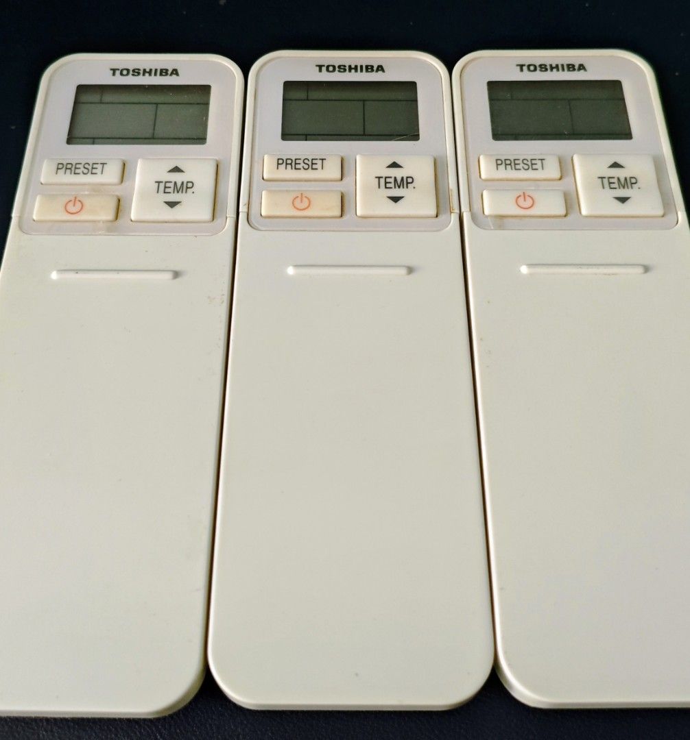 Remote Control (Category: Air Conditioners & Heating) located in Singapore. Submitted by bizarrecloset (Listing ID 1447949685, Image 1). Description: Set of 3 Toshiba aircon remote controls in working condition. Using 2x AAA batteries (not included). Good for spare or replacement units. ⭐Buy all 3 for $14 ⭐Self collection only.
