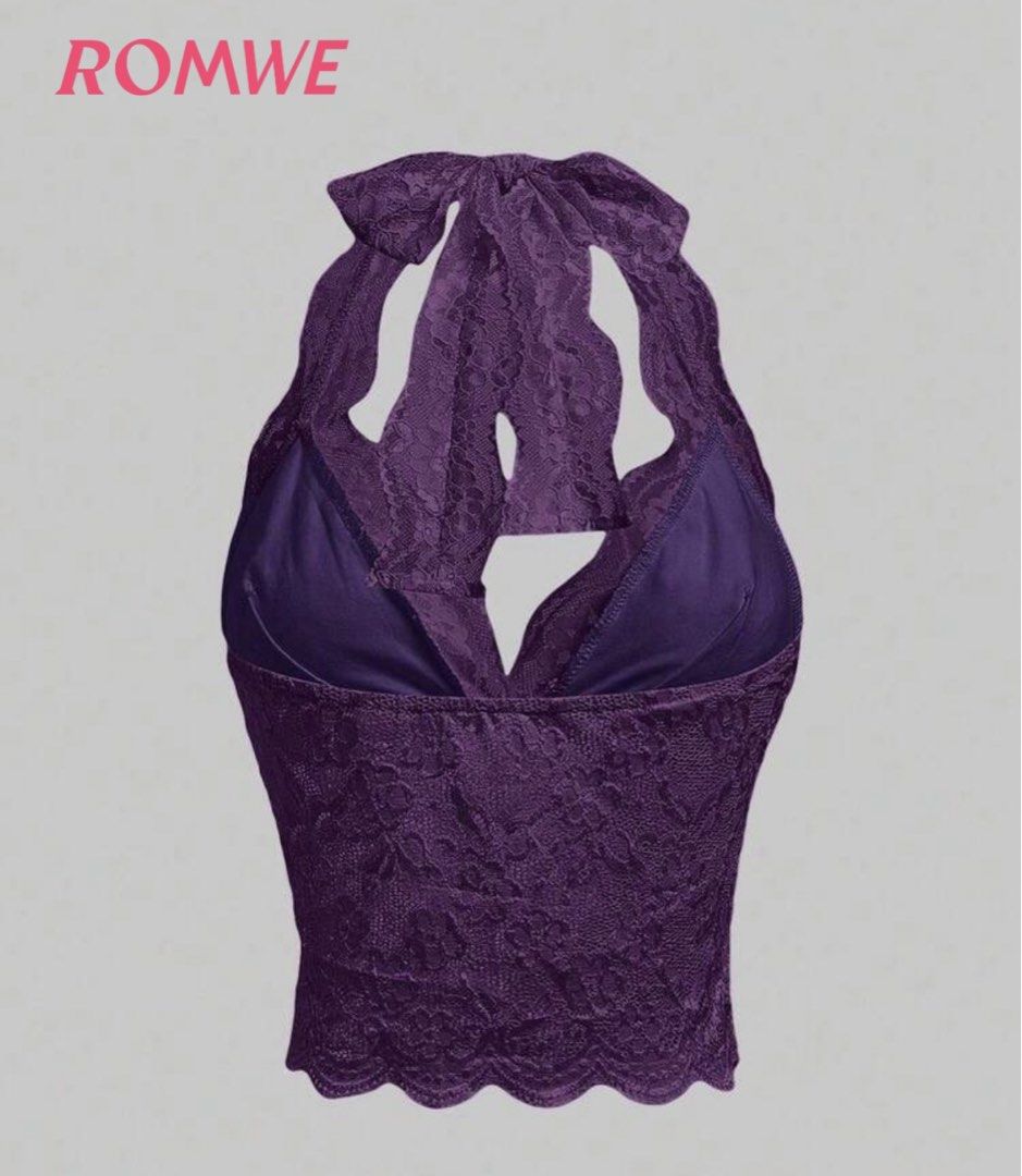 ROMWE Purple Lace Halter Neck Top (Category: Sleeveless) located in Manila. Submitted by janamia (Listing ID 1447957431, Image 2). Description: - Purple lace halter top from ROMWE - V-neck design with a tie at the back of the neck - Features scalloped lace trim along the edges - Versatile for pairing with jeans or skirts - Ideal for a night out or special occasions.