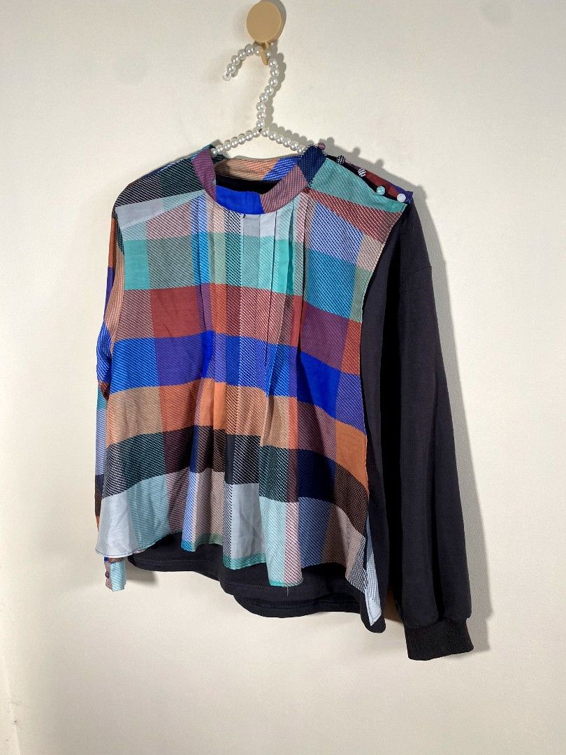 Sacai Mixed Material - Layered Checkered S/S Shirt (Category: Others Tops) located in Castillejos. Submitted by lalainecloset22 (Listing ID 1447899614, Image 2). Description: - Brand: Sacai - Issue: Cut Washtag - Style: Mixed Material Layered Checkered S/S Shirt - Size: S (EU 36 / UK 8 / US 4) - Design: Unique layered construction with checkered fabric panels - Material: Mixed materials - Condition: Excellent (Layered condition: 5).