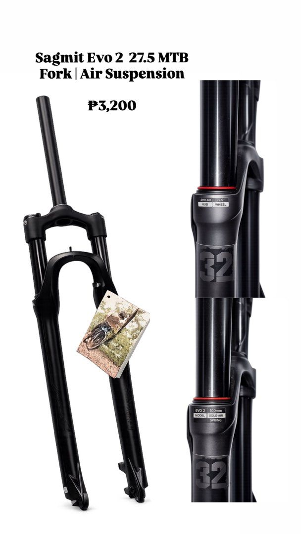 Sagmit Evo 2 27.5 MTB Fork Air Suspension (Category: Bicycles) located in Manila. Submitted by sirkyle16 (Listing ID 1447972146, Image 1). Description: - Sagmit Evo 2 MTB Fork - For 27.5 Wheels - Air Suspension (Solo Air) - 100mm Travel - Perfect for Mountain Bike Upgrades.