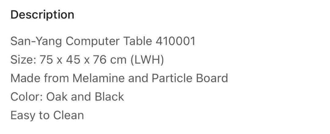 San-Yang Computer Table (Wooden Desk Table) (Category: Tables & Sets) located in Quezon City. Submitted by lynchburg (Listing ID 1447972287, Image 3). Description: - Color: Oak and Black - Material: Melamine and Particle Board - Features: Easy to clean surface - Ideal for: small spaces.