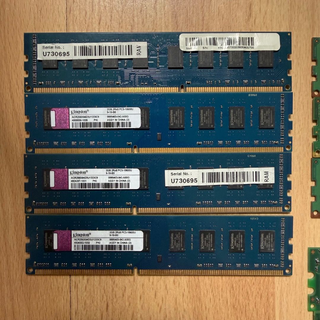 SDRAM (Assorted) (Category: Memory & SD Cards) located in Singapore. Submitted by tcwdoggy (Listing ID 1447936627, Image 2). Description: $9.50 take all. Assorted SDRAM to get rid of, some of it was used in an old MacPro 5,1, meaning they are ECC RAM. Pleas know what you are buying and not for fussy buyer. I use Mac mini nowadays and no use for such RAMs. I can't say for sure they are all working. Deal in Sengkang/Buangkok San/sengkang area..