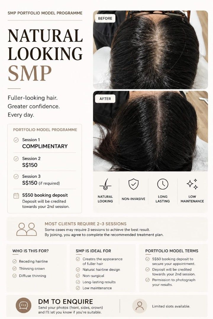 SMP Model Programme (Category: Hair) located in Singapore. Submitted by june._smp (Listing ID 1448029678, Image 1). Description: Achieve natural-looking, fuller hair with our SMP Portfolio Model Programme. - Session 1: Complimentary (free) - Session 2: $150 - Session 3: $150 (if required) - $50 booking deposit is required. - Deposit will be credited towards your 2nd session. - DM us to enquire and send photos for assessment..