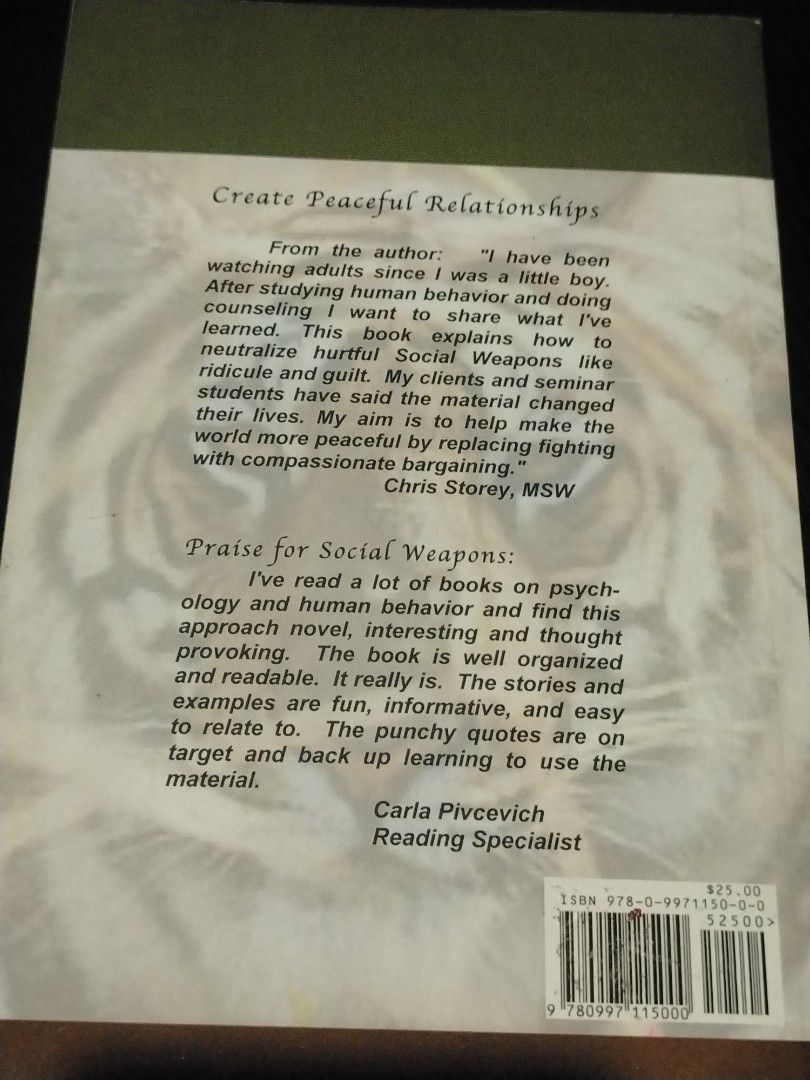 Social Weapons: The Peaceful Self Defense System Handbook (Category: Storybooks) located in Pasig City. Submitted by coachleee (Listing ID 1448018300, Image 2). Description: - Master peaceful relationships with this insightful book. - Neutralize social weapons like ridicule and guilt. - Features a well-organized, interesting, and thought-provoking structure. - Includes fun, relatable stories and examples. - Backed by punchy, memorable quotes. - I