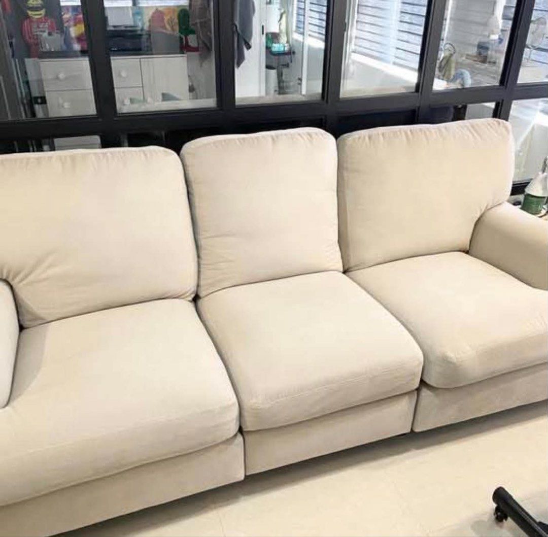 Sofa (Category: Sofas) located in Taguig. Submitted by tp2024 (Listing ID 1448003134, Image 3). Description: Length - 8ft Height - 3ft Depth - 3ft 3 pc detachable sofa Beige/Cream/Light Color Couch is 2 yrs old Bought at Mauve No issue; just signs of usage RFS: Need to make room for an office area in our condo. This is too big for us. Pickup c/o buyer Php 22,000.