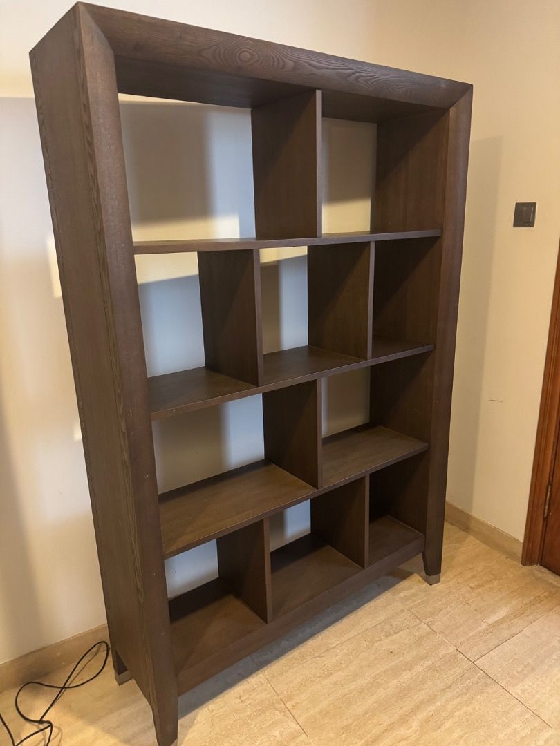Solid Timber Bookcase (Category: Shelves, Cabinets & Racks) located in Singapore. Submitted by williaje (Listing ID 1447983187, Image 2). Description: Solid timber display shelf in warm walnut finish. Sturdy, high quality construction. Will require 2 people to move. Some minor marks and wear (see photo). 1.8m x 1.2m x 36cm.