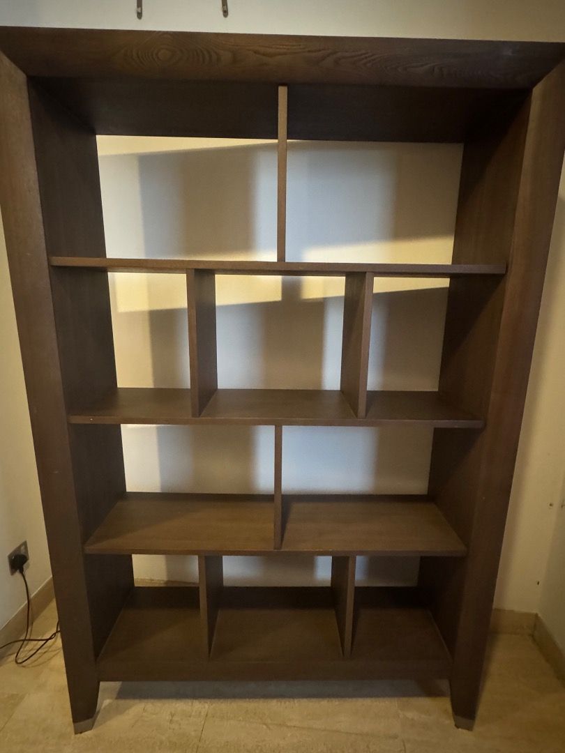 Solid Timber Bookcase (Category: Shelves, Cabinets & Racks) located in Singapore. Submitted by williaje (Listing ID 1447983187, Image 1). Description: Solid timber display shelf in warm walnut finish. Sturdy, high quality construction. Will require 2 people to move. Some minor marks and wear (see photo). 1.8m x 1.2m x 36cm.