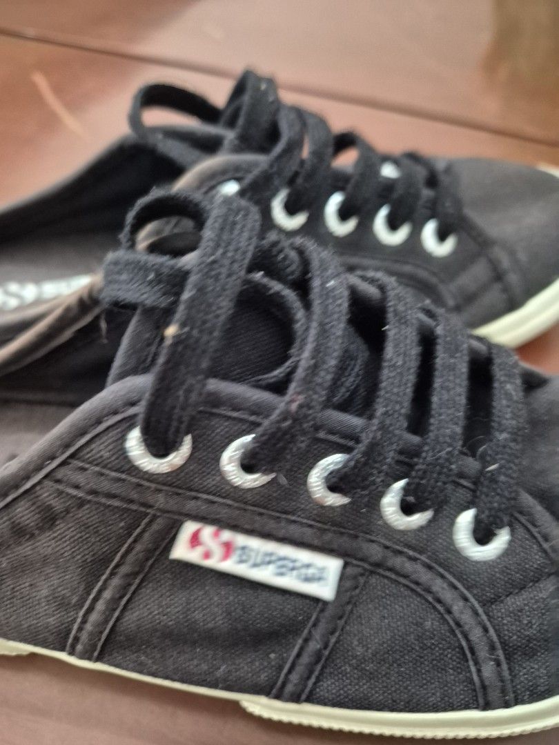Superga Black Canvas Low Top Sneakers (Category: Sneakers) located in San Jose. Submitted by nova2023 (Listing ID 1447892511, Image 2). Description: - Classic black Superga sneakers - Made of durable canvas material - Features white rubber soles - Secure lace-up closure - Comfortable for all-day wear - Versatile for various casual outfits.