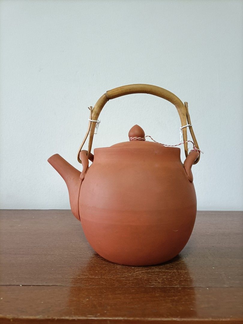 Terracotta Teapot with Bamboo Handle Perfect Unused