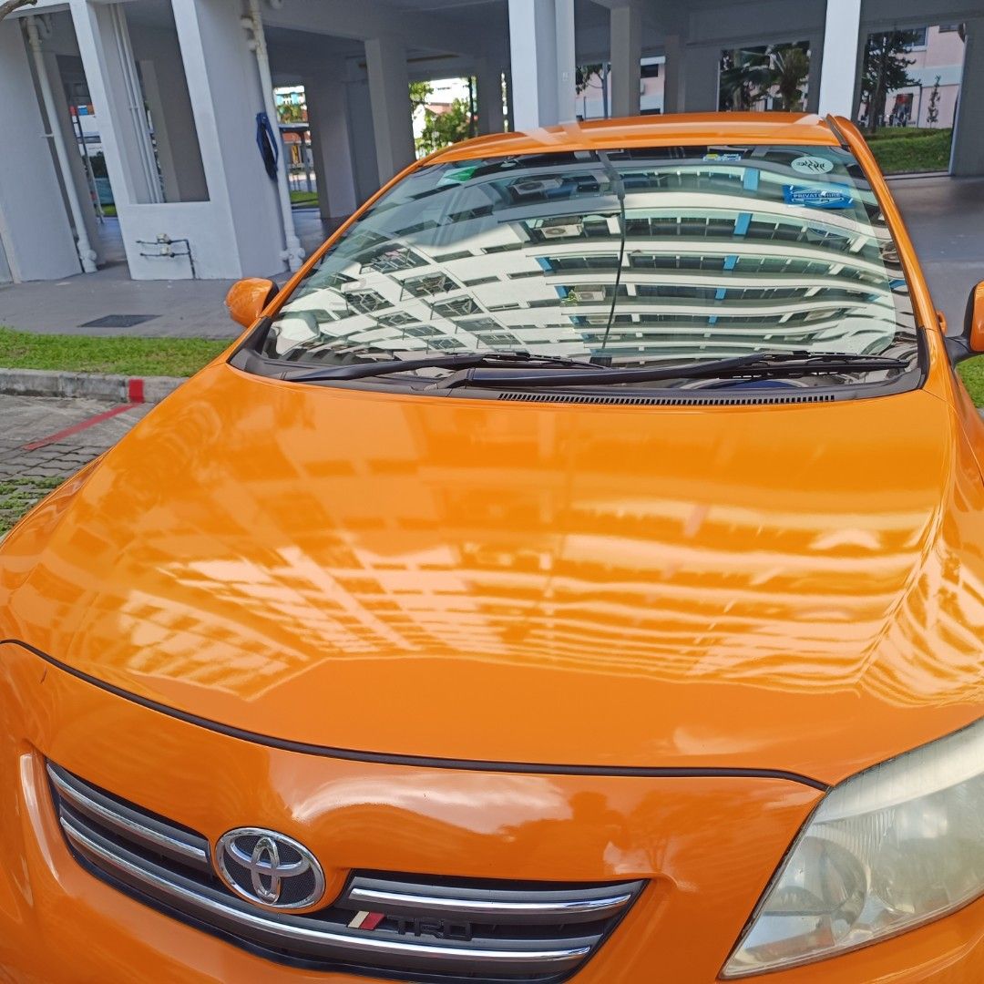 Toyota Corolla Altis 1.6 Standard (A) (Category: Used Cars) located in Singapore. Submitted by jojodas03 (Listing ID 1447938662, Image 1). Description: Selling my orange Toyota Altis sedan. It's the 1.6 model. The interior has beige leather seats and floor mats. The trunk is spacious and clean. Exterior is a bright orange. comes with Android player and new brambo brake pads.Ready for a new owner..