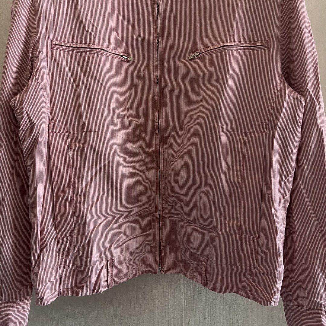Vintage Balenciaga Pinstripes Biker Jacket (Category: Coats, Jackets and Outerwear) located in Quezon. Submitted by _babypluto (Listing ID 1447883878, Image 3). Description: Laid Flat Measurement Tag size: Small Width: 18.5 Length: 24.5 Sleeves: 22 Material: Cotton Note: Actual color of the item may change due to lighting Flaw: none Need wash.