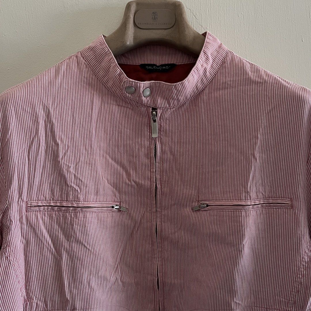 Vintage Balenciaga Pinstripes Biker Jacket (Category: Coats, Jackets and Outerwear) located in Quezon. Submitted by _babypluto (Listing ID 1447883878, Image 2). Description: Laid Flat Measurement Tag size: Small Width: 18.5 Length: 24.5 Sleeves: 22 Material: Cotton Note: Actual color of the item may change due to lighting Flaw: none Need wash.