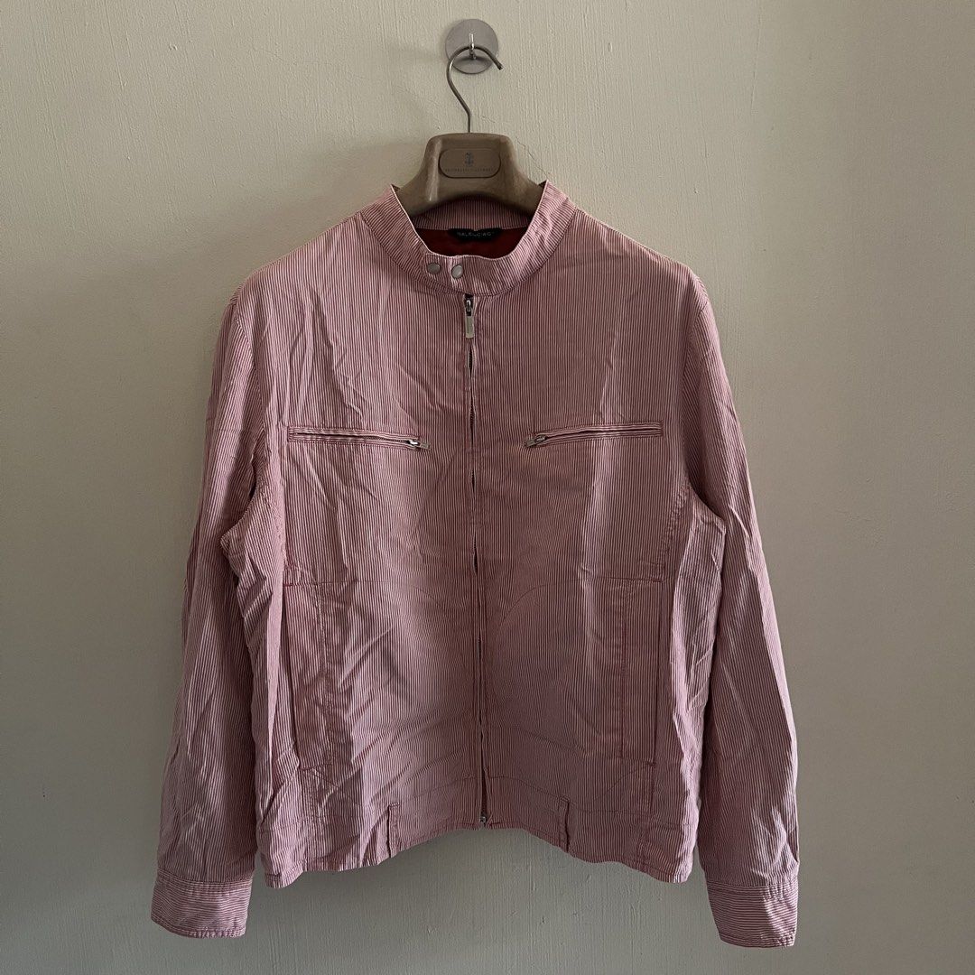 Vintage Balenciaga Pinstripes Biker Jacket (Category: Coats, Jackets and Outerwear) located in Quezon. Submitted by _babypluto (Listing ID 1447883878, Image 1). Description: Laid Flat Measurement Tag size: Small Width: 18.5 Length: 24.5 Sleeves: 22 Material: Cotton Note: Actual color of the item may change due to lighting Flaw: none Need wash.