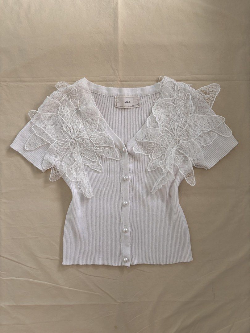 White Floral Lace Ribbed Top (Category: Others Tops) located in Malabon City. Submitted by ellaeiry (Listing ID 1447981880, Image 1). Description: Size: XS-S flat lay measurements: w: 13” in. l: 16.5” in. Brand: Attitude Condition: No flaws Price: PHP 160 - color may vary due to lighting - as a second-hand garment, it may have details that went unnoticed - please don’t hesitate to message me for any inquiries, thank you! 💌 tags: coquette, cottag