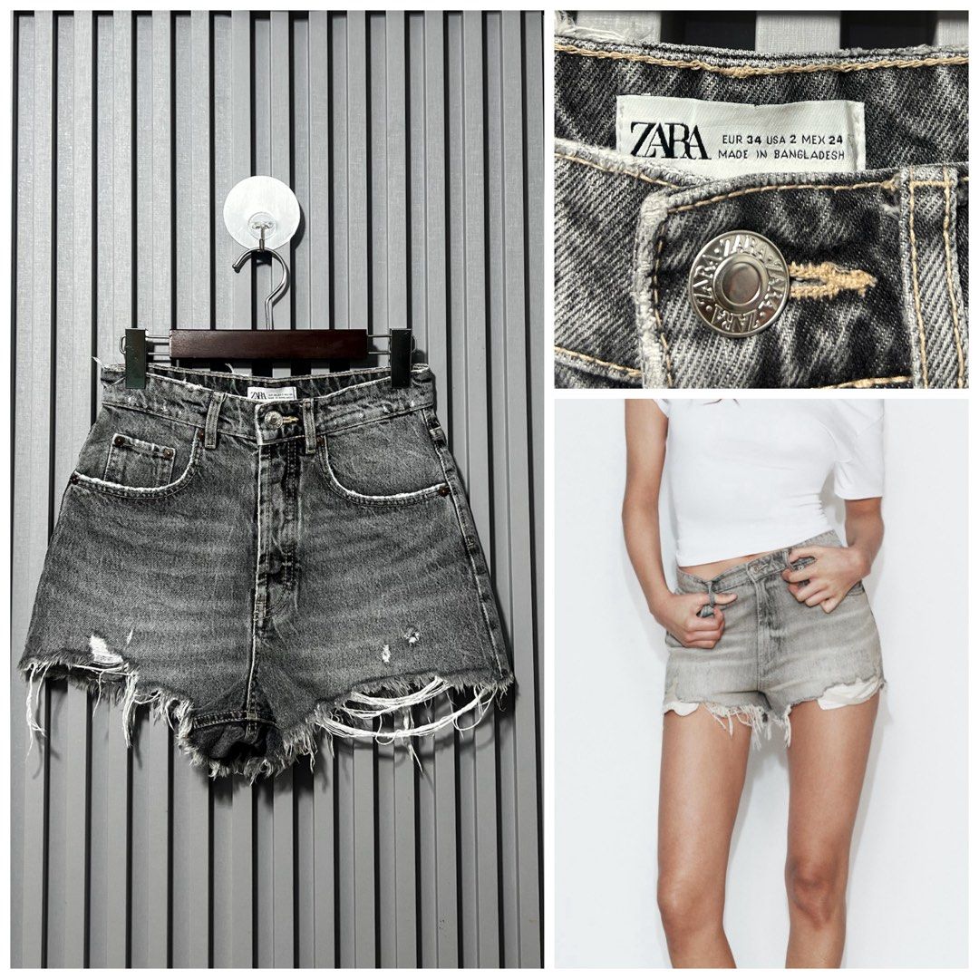 Zara Grey Distressed Denim Shorts (Category: Shorts) located in Iligan City. Submitted by sherriejar15721 (Listing ID 1447922906, Image 1). Description: - Zara grey denim shorts - High-waisted style - Distressed, ripped hem - Button fly closure - Estimated size: EUR 34 - Ideal for a casual outfit.