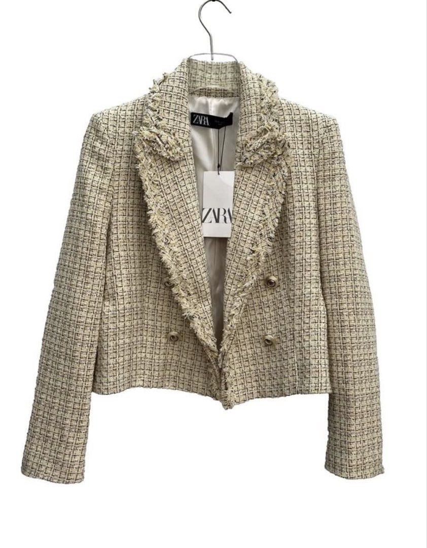 Zara Tweed Cropped Double-Breasted Blazer Jacket (Category: Coats, Jackets and Outerwear) located in Quezon City. Submitted by classychicph92 (Listing ID 1448054897, Image 2). Description: - Zara cropped blazer available in small && medium - Tweed material with frayed edges - Double-breasted style with gold buttons - Versatile: dress up or down - Ideal for spring or fall layering.