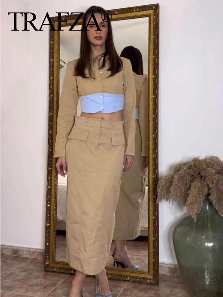 Zara Two-Piece Set - Beige Jacket and Skirt (Category: Sets or Coordinates) located in Quezon City. Submitted by classychicph92 (Listing ID 1447945384, Image 2). Description: - Zara two-piece set - Includes cropped beige jacket with light blue accents - Matching midi skirt - Unique and stylish design - Perfect for a fashionable outfit.