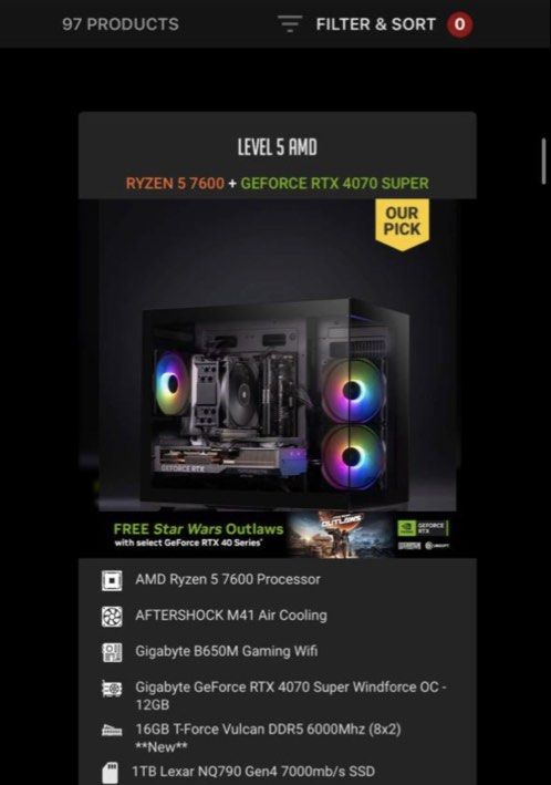 Aftershock Level 5 AMD Ryzen 5 7600 RTX 4070 Super PC