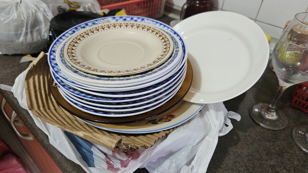 Assorted Plates, Bowls, Cups, Pot, and Utensils