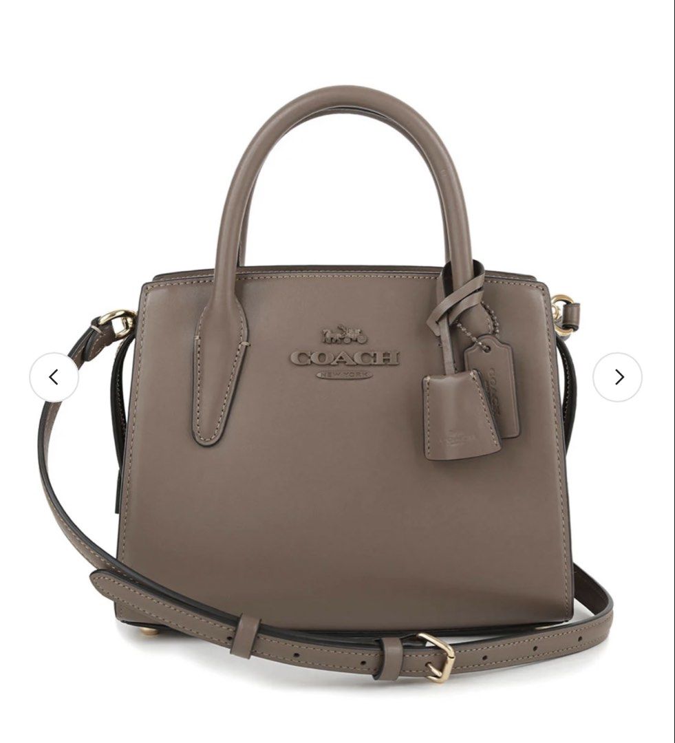 Authentic Coach mini Andrea Bag in chocolate color (Category: Luxury Bags & Wallets) located in Alaminos. Submitted by wearme_imnice (Listing ID 1448086197, Image 1). Description: - Genuine Coach top handle bag in taupe. - Made from authentic leather. - Features elegant gold hardware details. - Comes with a detachable shoulder strap for versatile carrying. - Includes a small, matching leather tag. - Interior is clean and well-maintained. - Ideal 