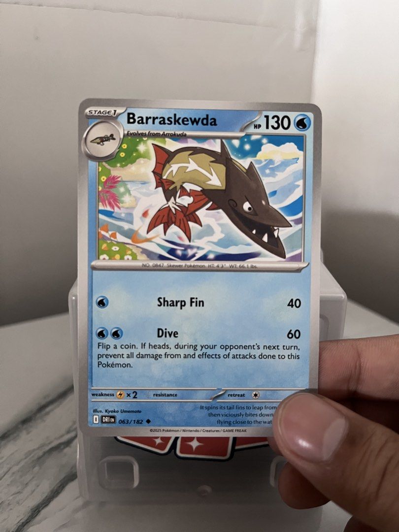 Barraskewda Pokemon Card 063/182 (Category: Raw Singles) located in Pasay City. Submitted by paullimerized (Listing ID 1448184490, Image 1). Description: - Barraskewda Pokemon Card - Card Number: 063/182 - Stage 1 Evolution - HP: 130 - Attacks: - Sharp Fin: 40 Damage - Dive: 60 Damage - Ideal for Pokemon TCG collectors!.