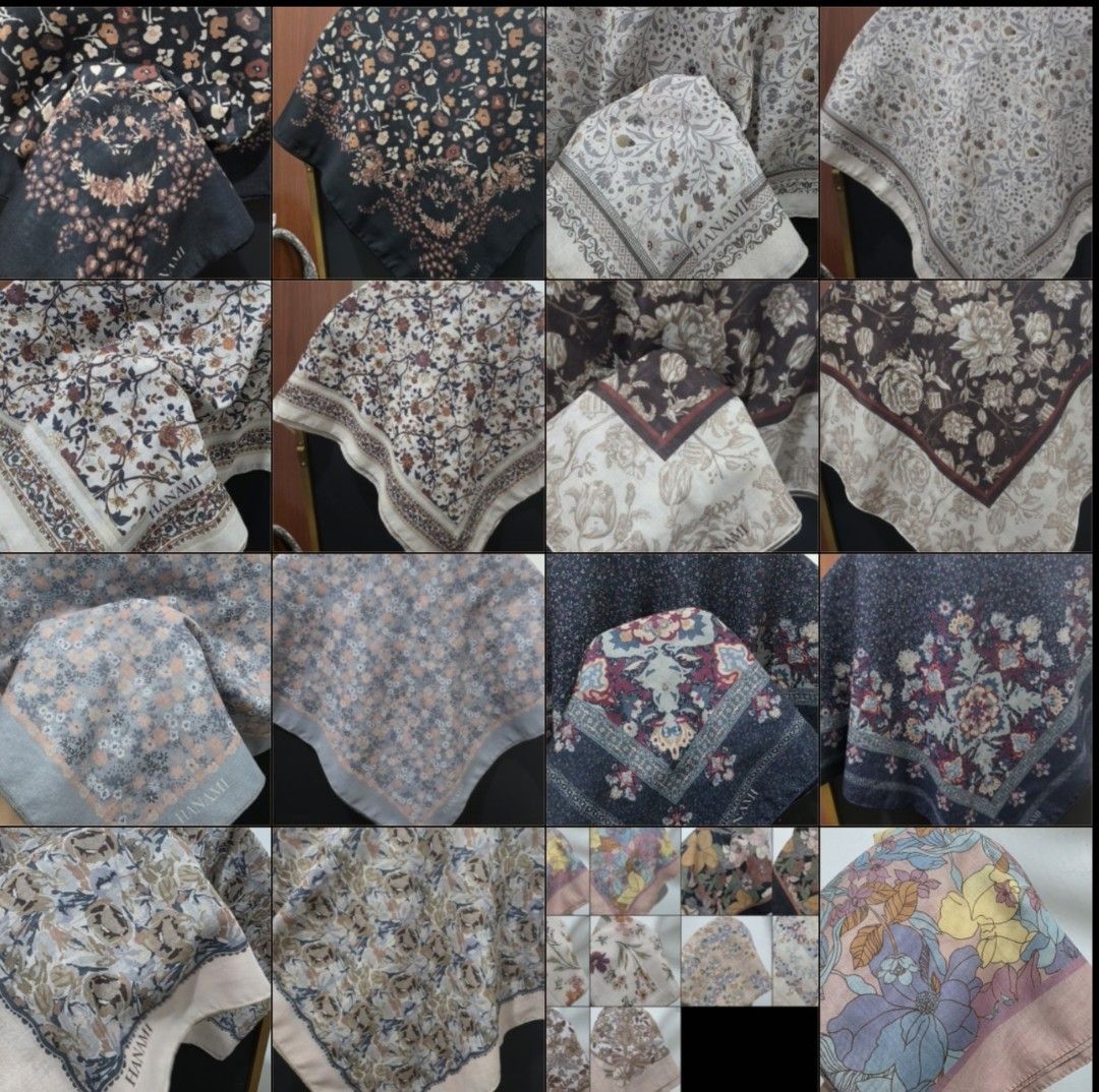 Bawal Hanami (Category: Hijabs) located in Gua Musang. Submitted by emaghn (Listing ID 1448184789, Image 1). Description: - Set of 5 beautiful Hanami scarves - Each scarf features a unique floral print - Variety of background colors (dark and light options) - 'HANAMI' brand name visible on some scarves - Ideal for accessorizing and elevating your outfits - Fantastic bundle deal for all 5 scarves.
