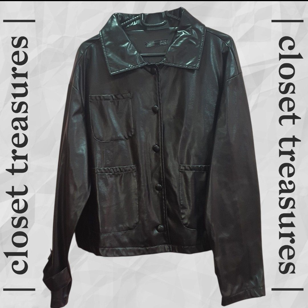Black Faux Leather Button-Up Jacket | SHEIN DAZY (Category: Coats, Jackets and Outerwear) located in Quezon City. Submitted by _closettreasures (Listing ID 1448135410, Image 1). Description: Size: S RFS: grown out of it !!! Message me for more details (when worn pics, payment method, etc.) !!!.