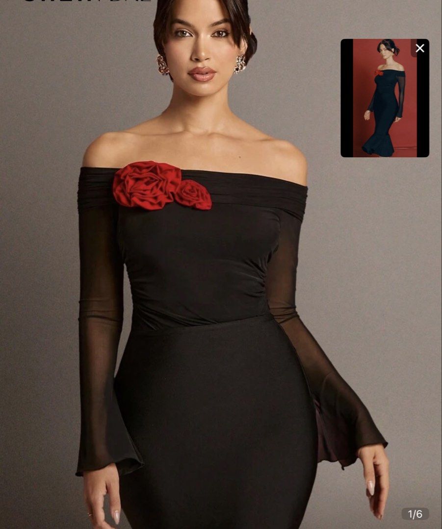 Black Mesh Top with Red Rose Embellishments (Category: Blouses) located in Makati City. Submitted by g.ang.s (Listing ID 1447927841, Image 1). Description: - Long-sleeved black mesh top - Draped neckline with ruched detailing - Two red fabric roses on the chest - Sheer sleeves with ruffled hem - Unique and eye-catching design.