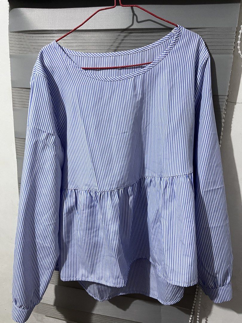 Blue and White Striped Peplum Blouse Large (Category: Blouses) located in Marikina City. Submitted by cha5sos27 (Listing ID 1448187281, Image 1). Description: - Cute blue and white striped design - Long sleeves - Gathered peplum hem for a flattering fit - Comfortable round neckline - Versatile for casual or dressed-up looks.