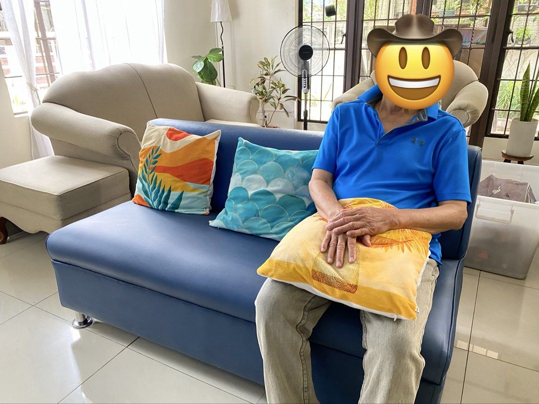 Blue Faux Leather 3-Seater Sofa (Category: Sofas) located in Quezon City. Submitted by rishlist (Listing ID 1448130358, Image 3). Description: - Blue faux leather 3-seater sofa - Compact size, ideal for smaller living spaces - Flaw: small mark on the seat (last photo) - in good, pre-loved condition - Please note: throwpillows not included - price negotiable 🏠 Batasan Hills, Qc.