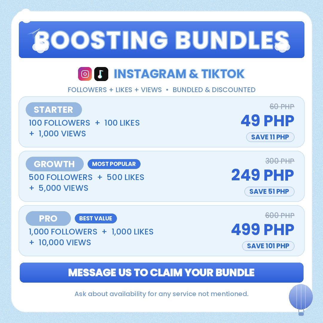boosting services (Category: Design & Marketing) located in Manila. Submitted by jakeboostingservices (Listing ID 1448224090, Image 1). Description: Grow your Instagram and TikTok the easy way. Followers, likes, and views — now bundled and discounted. Pick your tier, message us, and we'll handle the rest. Starter ₱49 · Growth ₱249 · Pro ₱499.
