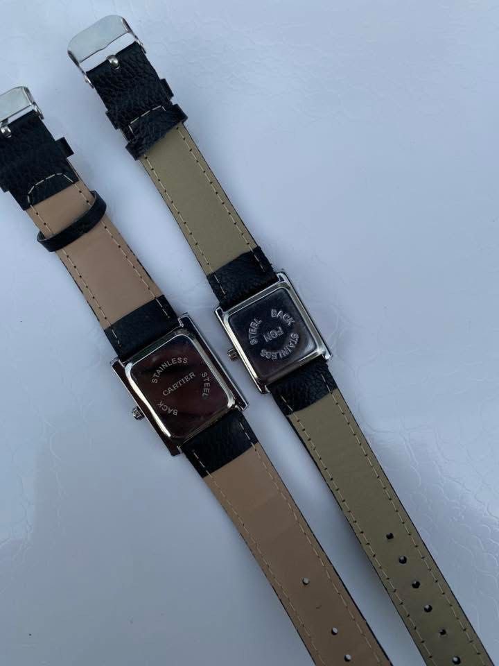 Cartier Tank Watch Black Leather Strap (Category: Luxury Watches) located in Manila. Submitted by thrifttodays. (Listing ID 1448188496, Image 2). Description: - Classic white watch faces with Roman numerals - Elegant blue hands - Comfortable black leather straps - Durable stainless steel buckles - 'STAINLESS STEEL BACK CARTIER' engraving on the back - Ideal for couples or as a thoughtful gift - Feel free to ask any questions!.
