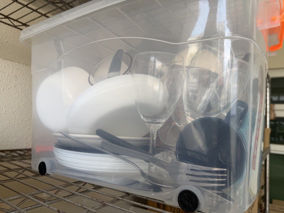 Clear Storage Bin with Assorted Kitchenware