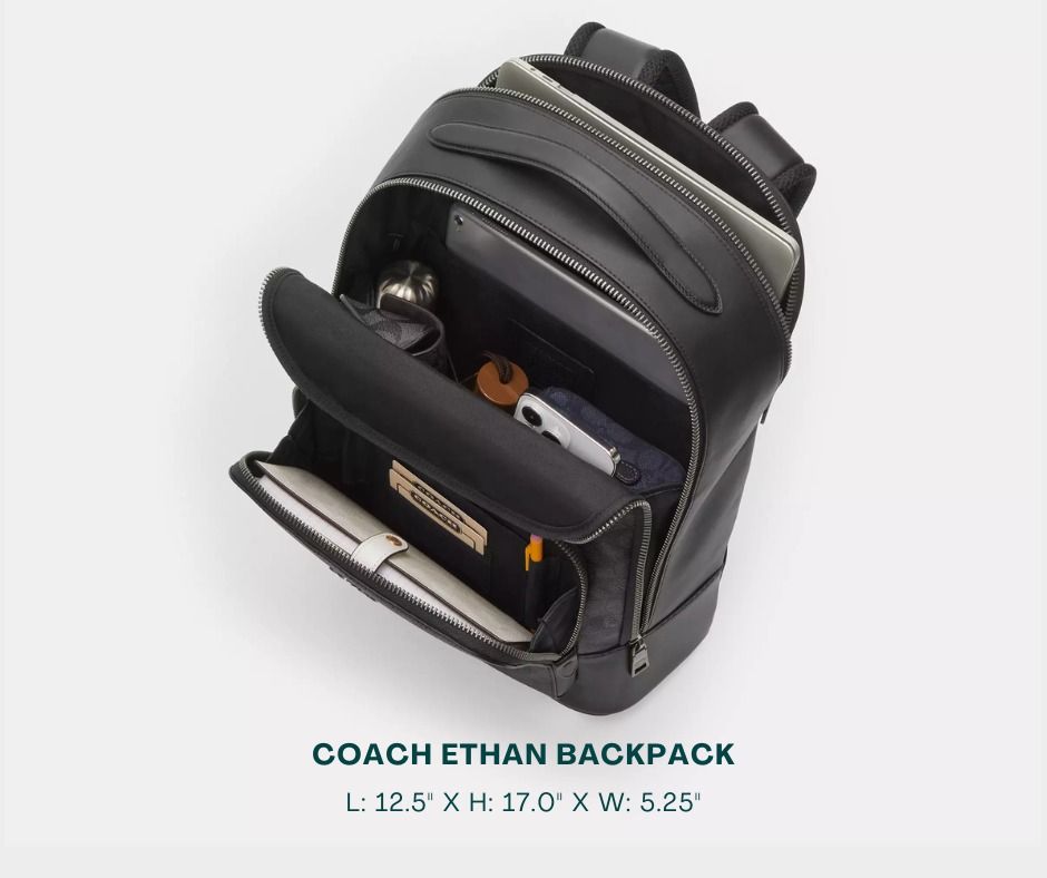 COACH Backpack for Men (Category: Backpacks) located in Manila. Submitted by moncaro.outlet (Listing ID 1448140333, Image 3). Description: COACH ETHAN Backpack - For Office and Formal Wear - Original Materials | Mall Pull-Out - In Signature Canvas - Size: L: 12.5" x H: 17.0" x W: 5.25" - Inclusions: Coach Paper Bag + Dust Bag - Lowest Price Guaranteed 💯 - ON-HAND STOCKS ‼️ - For MEETUP / PICKUP / DELIVERY ✅ FB Page: Moncaro Outlet IG Page: @monc