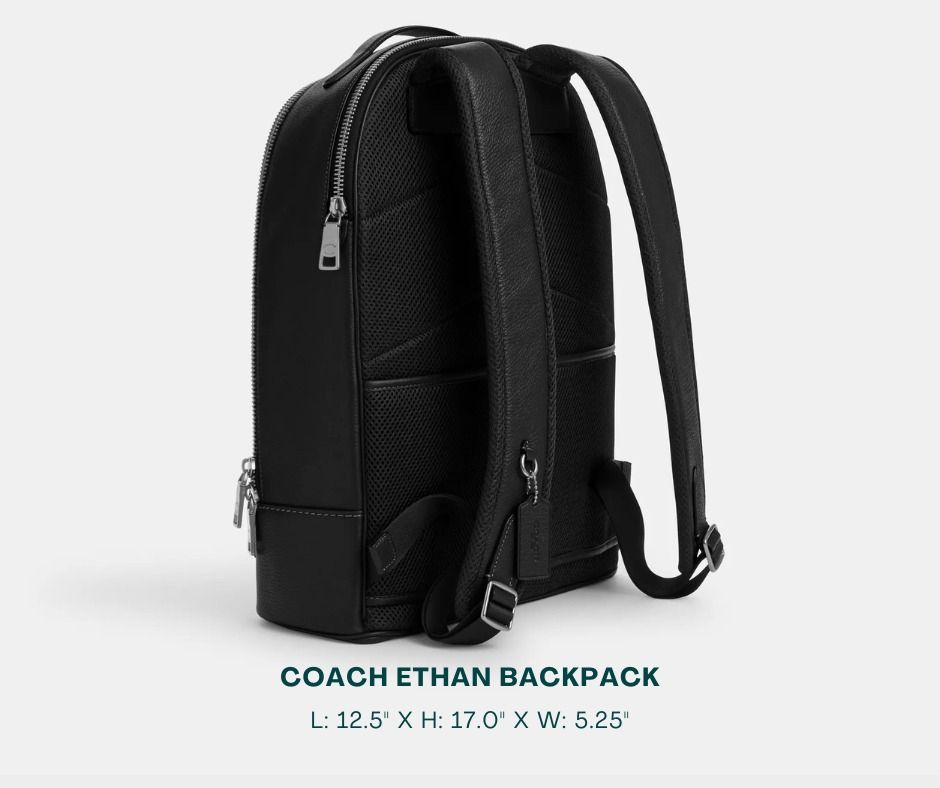COACH Backpack for Men (Category: Backpacks) located in Manila. Submitted by moncaro.outlet (Listing ID 1448140333, Image 2). Description: COACH ETHAN Backpack - For Office and Formal Wear - Original Materials | Mall Pull-Out - In Signature Canvas - Size: L: 12.5" x H: 17.0" x W: 5.25" - Inclusions: Coach Paper Bag + Dust Bag - Lowest Price Guaranteed 💯 - ON-HAND STOCKS ‼️ - For MEETUP / PICKUP / DELIVERY ✅ FB Page: Moncaro Outlet IG Page: @monc