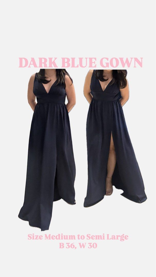 Dark Blue V-Neck Maxi Gown with High Slit (Category: Evening dresses & gowns) located in Quezon City. Submitted by dsbasket (Listing ID 1448153467, Image 1). Description: - Elegant dark blue maxi gown - Flattering V-neck design - Stylish high slit for added flair - Fits Medium to Semi-Large frames - Bust: 36 inches - Waist: 30 inches - Ideal for formal events, parties, and special occasions - Made with comfortable and flowy material.