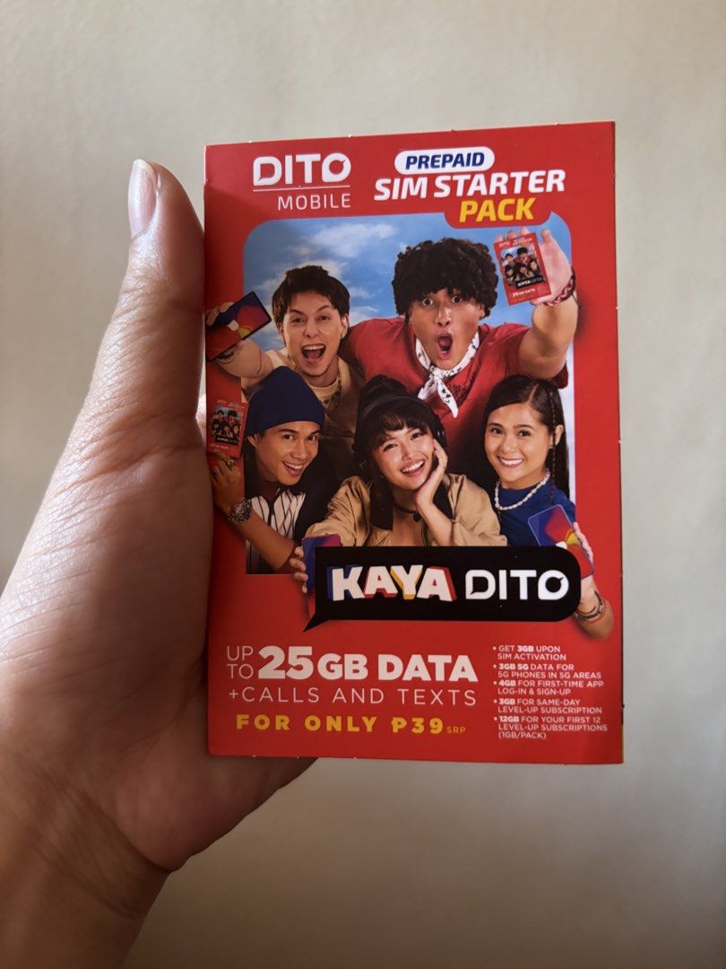 DITO Mobile Prepaid SIM Starter Pack - Up to 25GB Data (Category: Networking) located in Manila. Submitted by meliorashop22 (Listing ID 1448079724, Image 1). Description: - DITO Mobile Prepaid SIM Starter Pack - Up to 25GB Data - Includes Calls and Texts - Price: P30 - Easy setup instructions (Android & iOS) on back - Validity: Until November 2027.